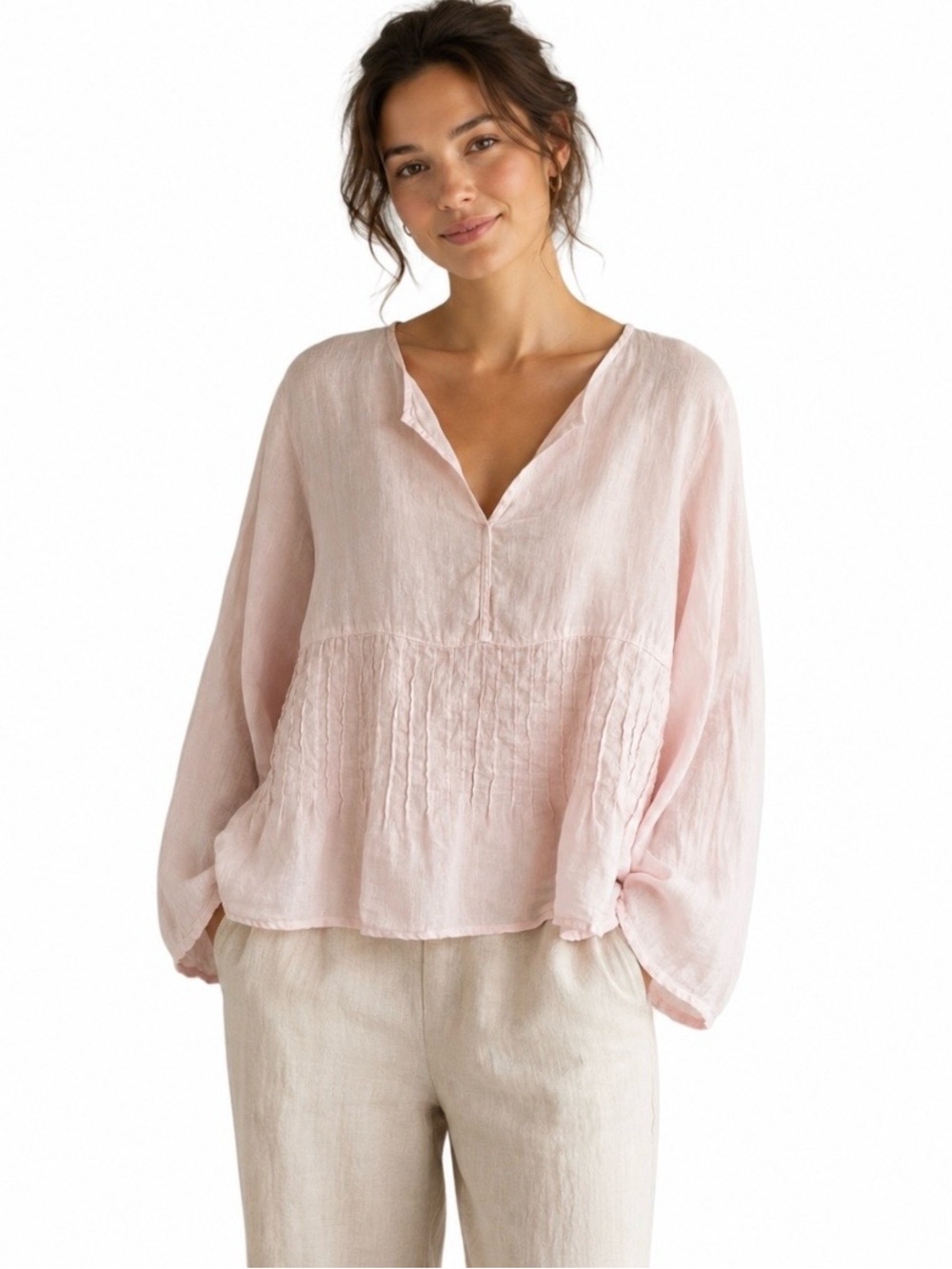 CP Shades Linen Alma Top Size M Lagenlook Prairie Peasant Pleated